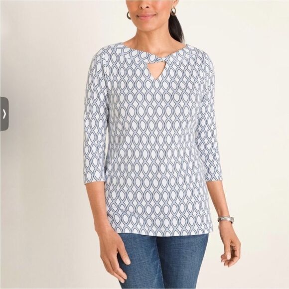 Take 50% OFF- Chico's Convertible Supima Cotton Geometric Twist Blouse, Size-XL - Picture 1 of 10
